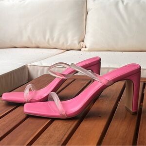 Cute Hot Pink Square Toe Clear Strap Sandal With Heel